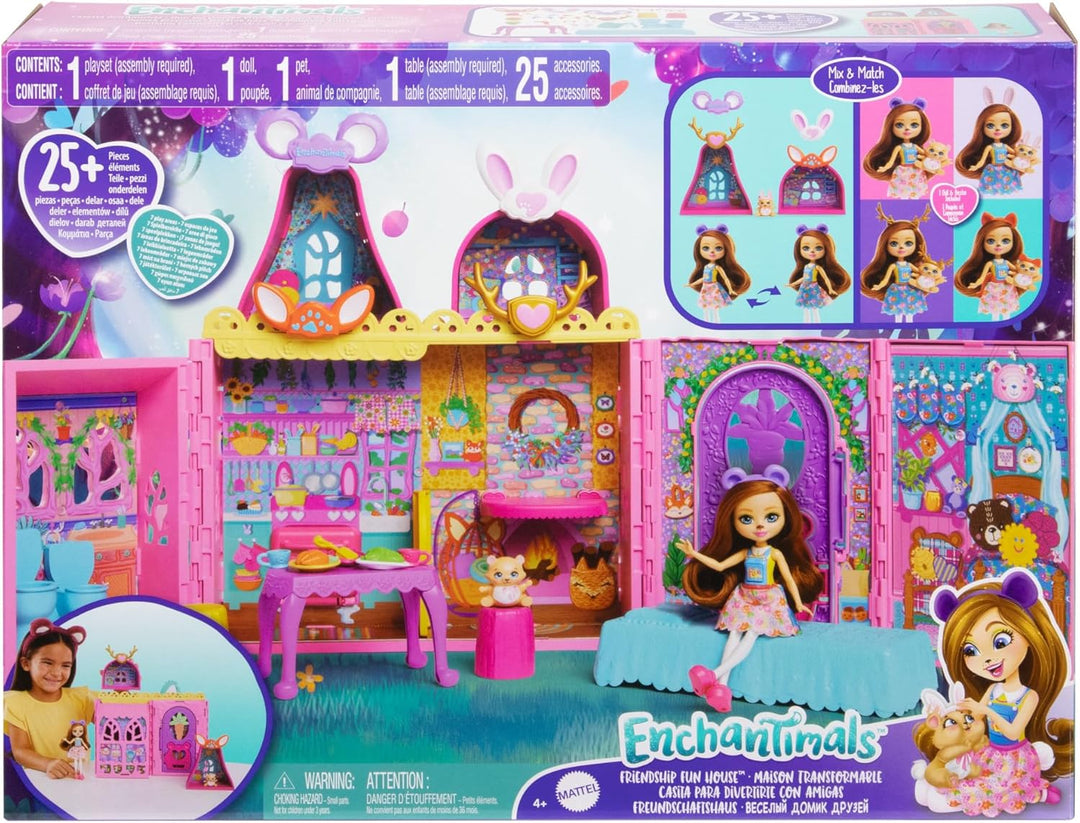 Enchantimals-Freundschaftsspielhaus, Puppenhaus mit Möbeln, 1 Puppe und Haustierfreund, Tierspielzeu