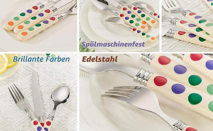 EXZACT Tupfen Besteck/edelstahlbesteck mit 16 Stücken - polka dots. Speisemesser x 4, Speisegabel x
