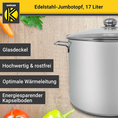 Krüger Edelstahl-Jumbotopf - Kochtopf mit Deckel zum Sichtkochen - energiesparender Kapselboden - id