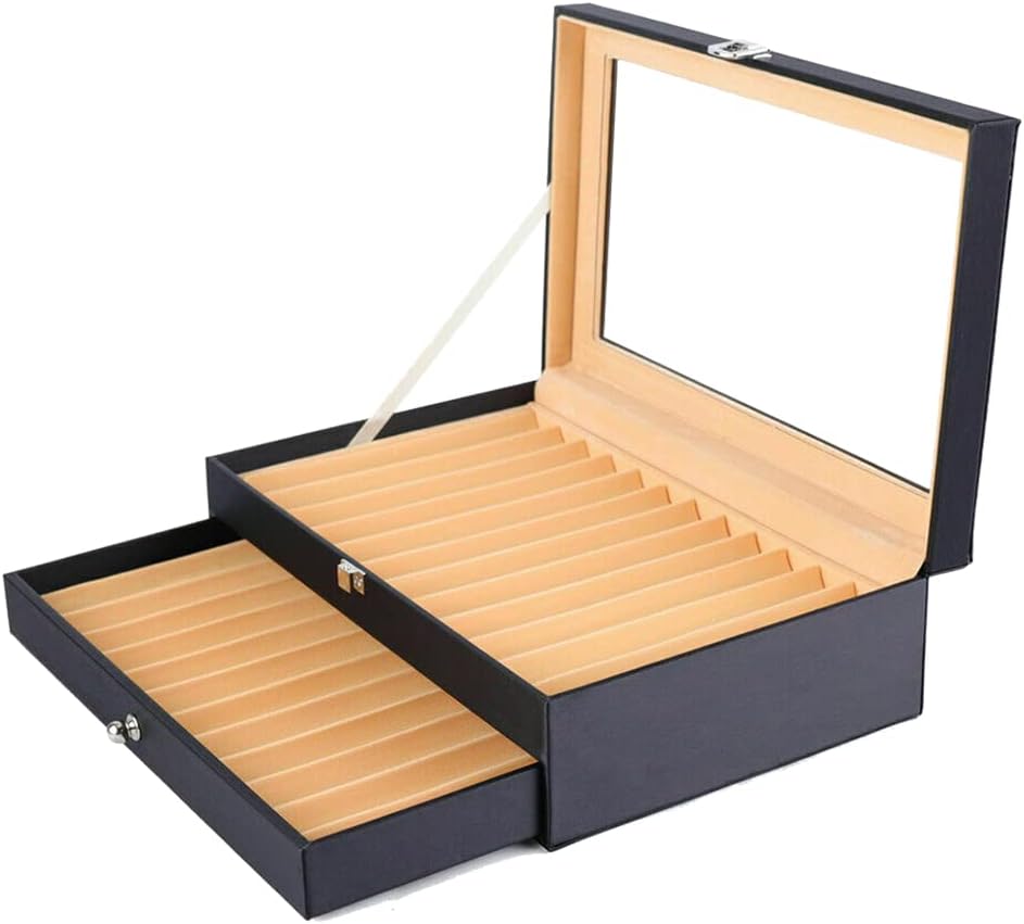 WindWilder Stifthalterbox mit vitrine für 24 Stifte, Schwarz Pen Display Box mit Anzeigefenster, Sti