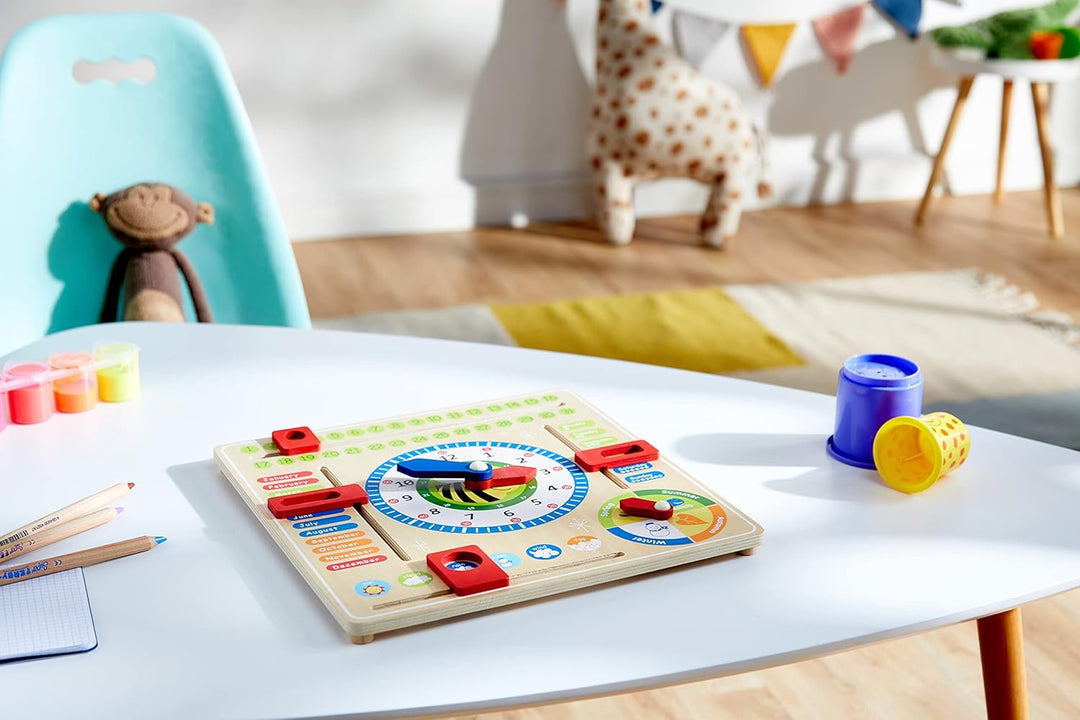small foot Lerntafel Datum, Uhr-& Jahreszeiten in Englisch aus Holz, mit Zeigern und Kästchen, ab 3