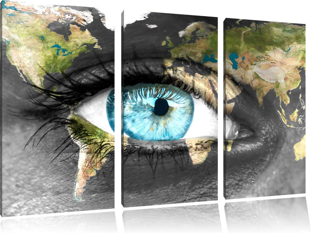 Pixxprint Die Erde gezeichnet auf EIN Gesicht Schwarz/Weiss 3-Teiler Leinwandbild 120x80 Bild auf Le