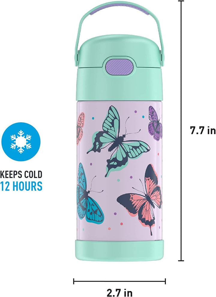 THERMOS Funtainer Kinder-Strohhalmflasche, Edelstahl, vakuumisoliert, 340 ml, Schmetterlingsfrenzy F