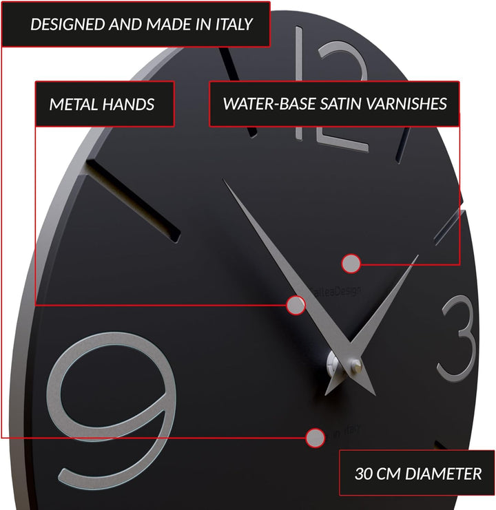 CalleaDesign 30 cm Black Smile Wanduhr Schwarz, Schwarz