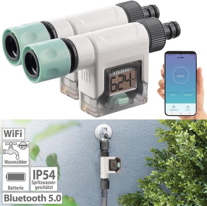 Royal Gardineer Garten-Wasser-Zähler: 2er-Set Smart-Wasserzähler für Gartenschlauch, Display, Blueto