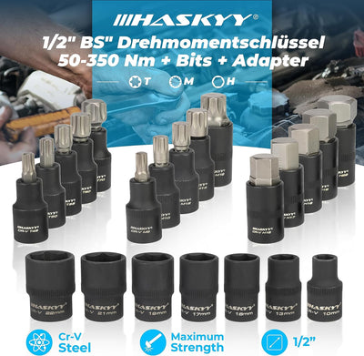 HASKYY Drehmomentschlüssel Set 1/2" 50-350 Nm Auto PKW KFZ Verlängerungsstange Bits Nüsse Werkstatt