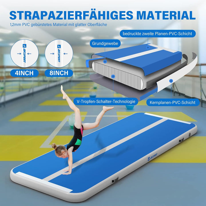 AKSPORT Air Matte Track Tumbling Matte,3/4/5/6m Aufblasbar Gymnastikmatte Turnmatte Tumbling Matten