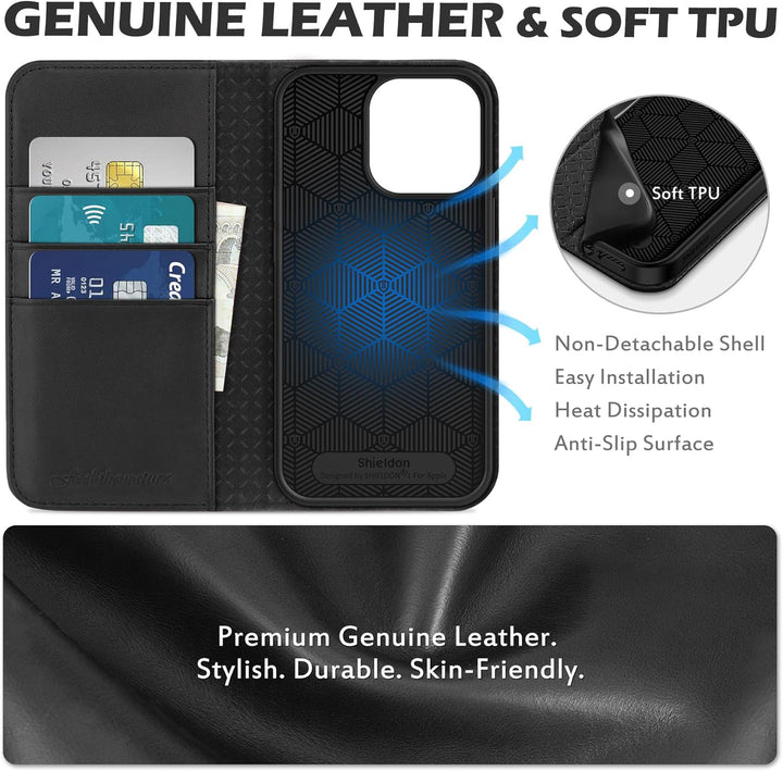 SHIELDON Hülle für iPhone 13 Pro, Handyhülle Schutzhülle [Echtleder] [Kartenfach] [Magnet] [Standfun
