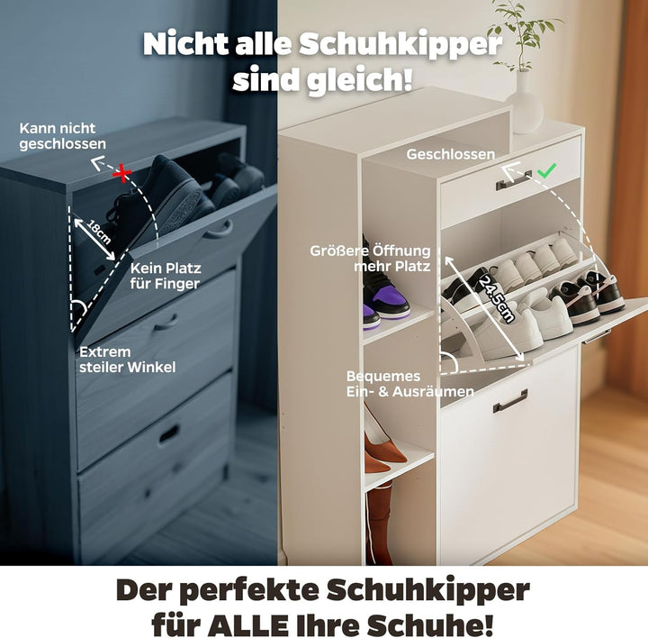 Schuhschrank schmal schwarz mit Schublade & Rattan-Dekor – eleganter Schuhkipper schwarz für Flur &