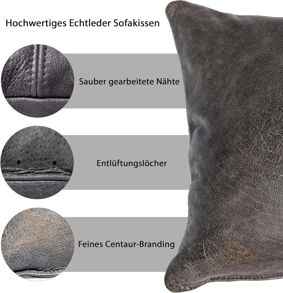 Centaur - Deko Lederkissen 40 x 40 cm für Sofa oder Schlafzimmer basaltgrau - Echt Leder Kissen Echt