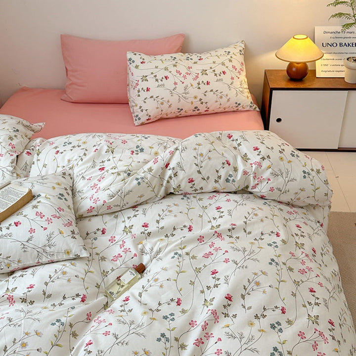 Freyamy Blumen Bettwäsche 135x200cm 2teilig Baumwolle Beige Rosa Bunt Floral Blätter Pflanzen Wende