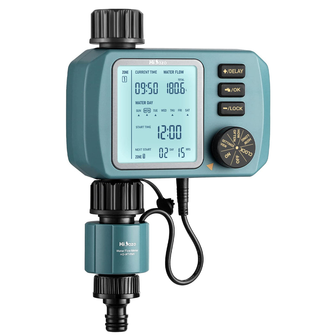 HiOazo Bewässerungssteuerung, mit Wasser durchflussmesser, Programmierbar WasserZeitschaltuhr, 3 Bew