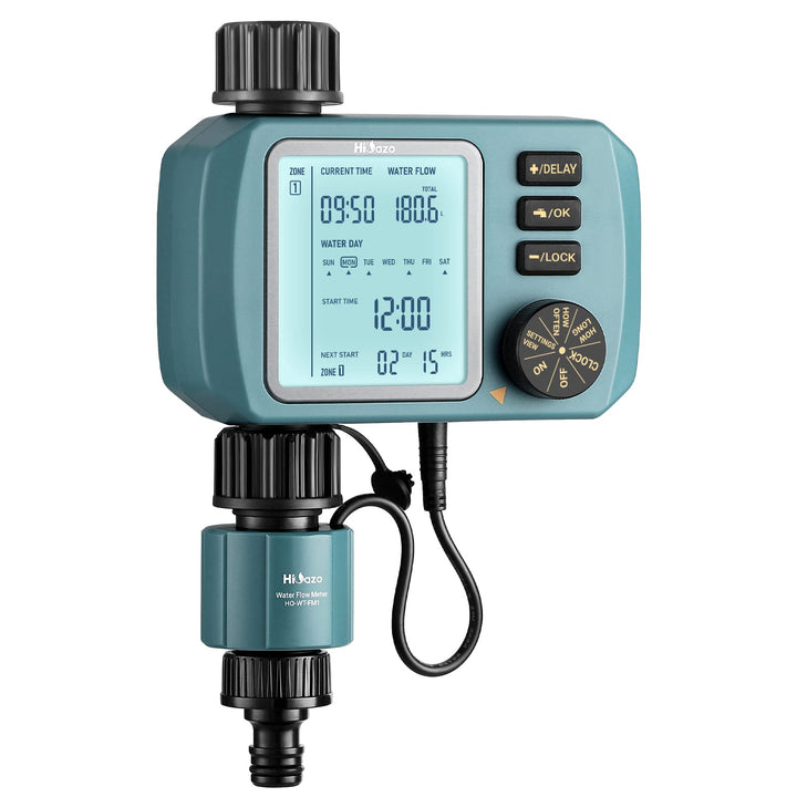 HiOazo Bewässerungssteuerung, mit Wasser durchflussmesser, Programmierbar WasserZeitschaltuhr, 3 Bew