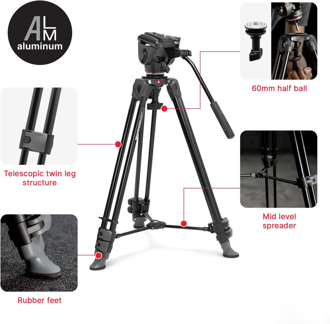Manfrotto 500X Video‑Kit, Fluidkopf und Alu‑Doppelrohr‑Stativ, 5 Kg Traglast, Flachbasis, Mittelspin