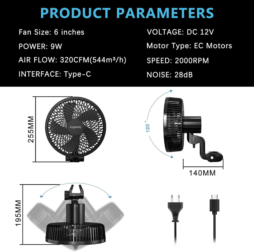 Aygrochy 9W Grow Ventilator mit Clip, EC-Motoren Grow lüfter mit 10-Geschwindigkeiten, IP-44 Schutza