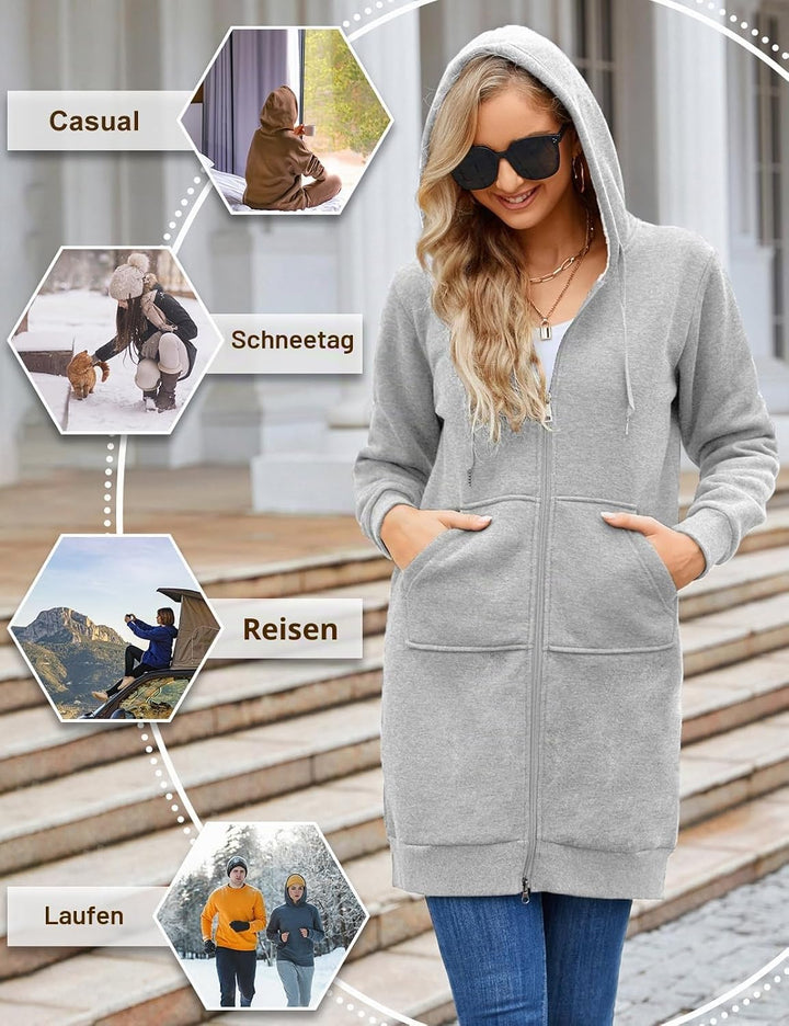 RITOSTA Damen Hoodie Fleecejacke Kapuzenjacke mit Zip Winterjacke Lang Sweatjacke Warme Plüschjacke