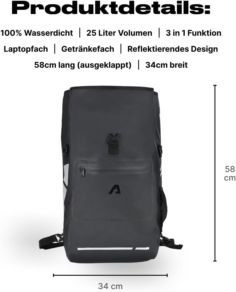 Alpensattel 3-in-1 Fahrradtasche 25 L – Gepäckträgertasche, Rucksack & Umhängetasche – wasserdicht,