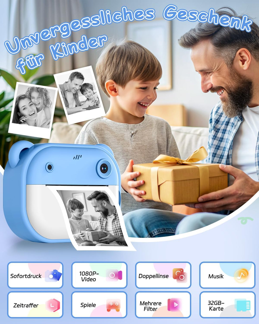 Sofortbildkamera Kinder, 1080P Dual-Linse Kinderkamera Sofortbildkamera, 2" Bildschirm Digitalkamera