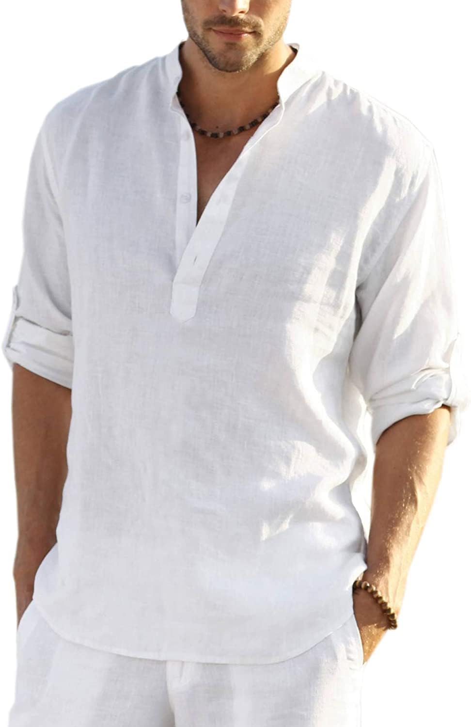 COOFANDY Herren Hemd Langarm Henley Shirt Leinenhemd Baumwolle Casual Regular Fit Sommerhemd S Weiss