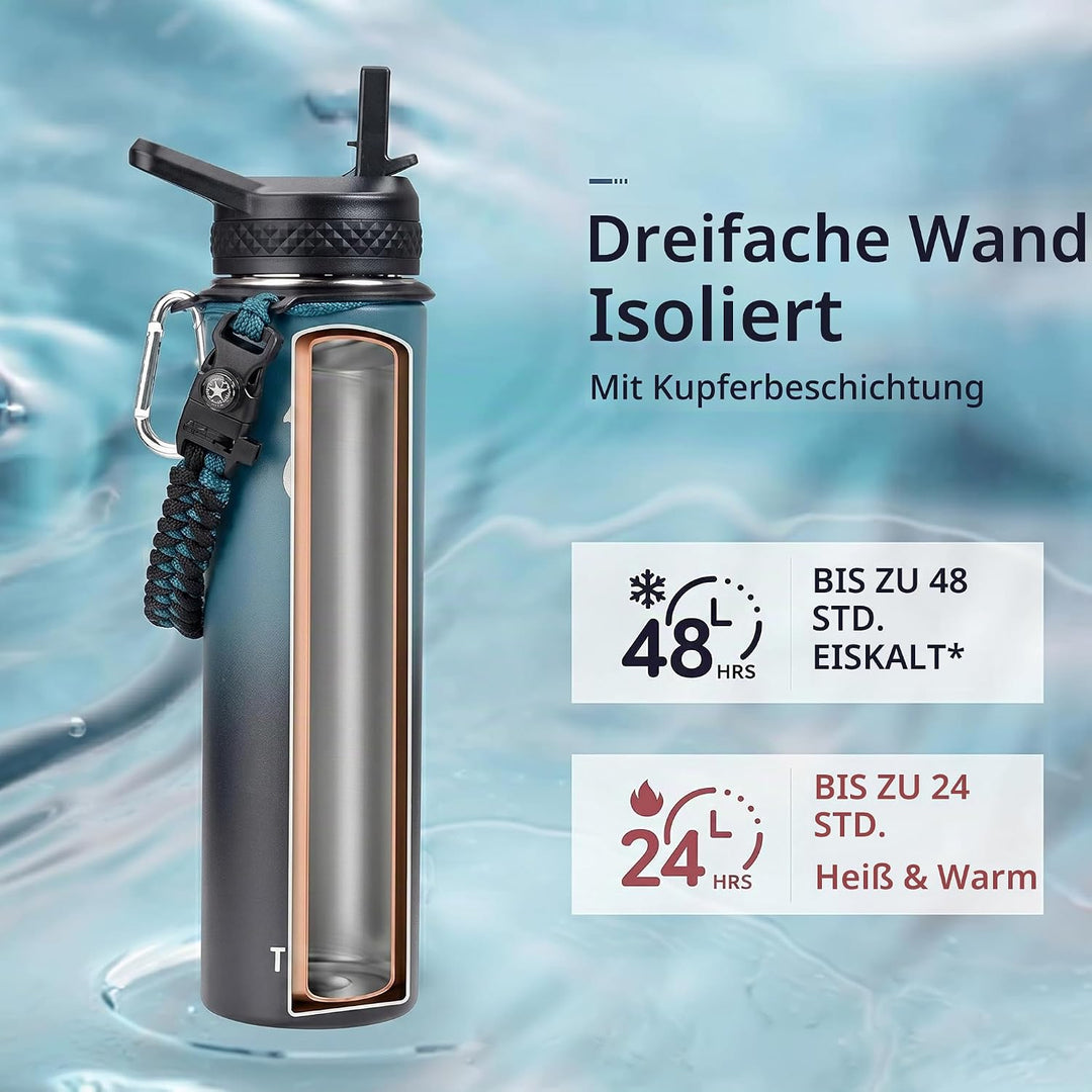 Trebo Trinkflasche Edelstahl, Thermosflasche mit Strohhalm mit Paracord-Griff &amp; 3 Deckeln, Edelstahl