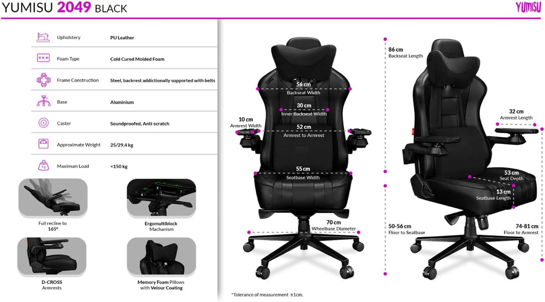YUMISU Gaming Stuhl 2049 Rückenlehne und Sitz aus Kaltschaum bis 150kg Belastbar - Bürostuhl Schreib
