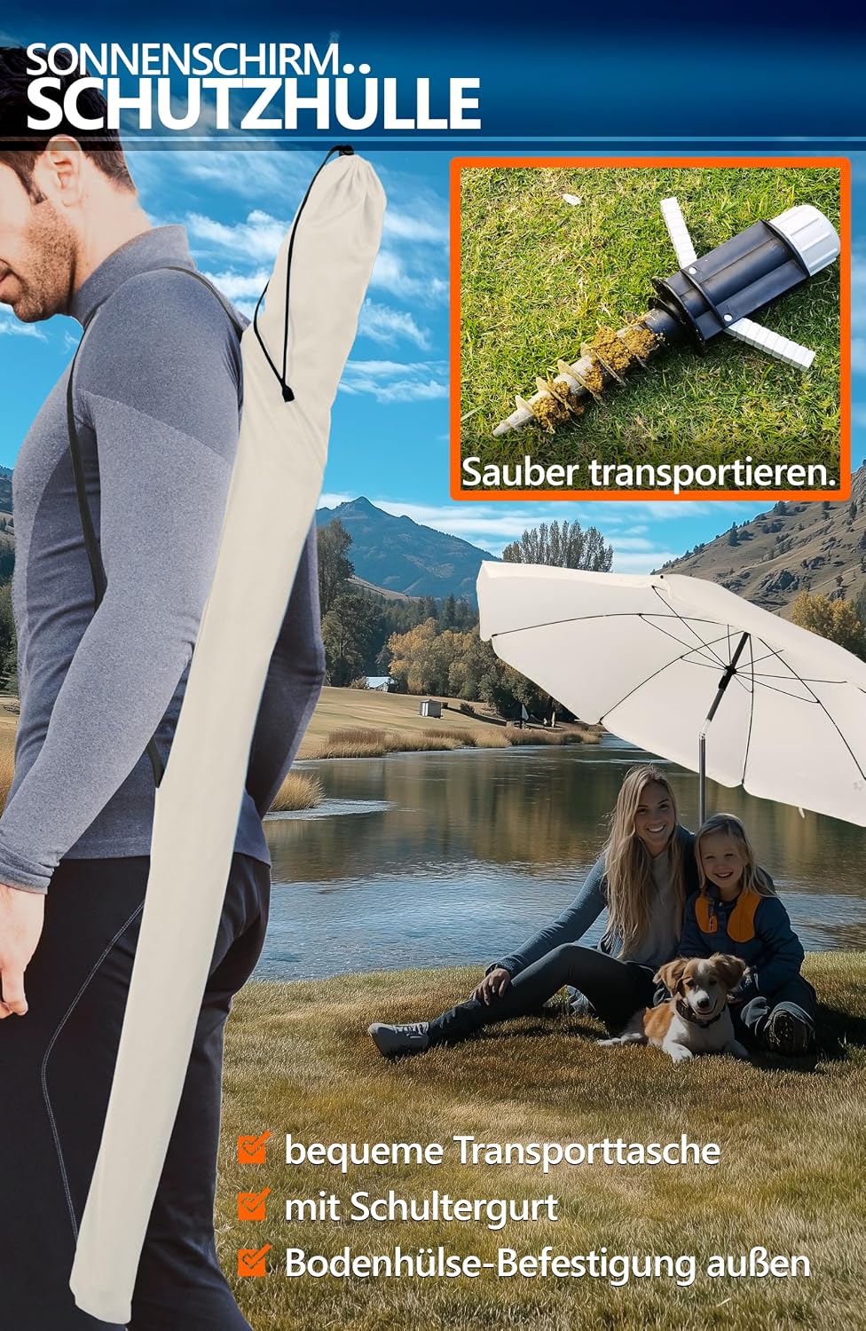 4smile Sunnyjoy Sonnenschirm Strand 3-IN-1 Set - Strandschirm windfest stabil, UPF 50+ Sonnenschirm