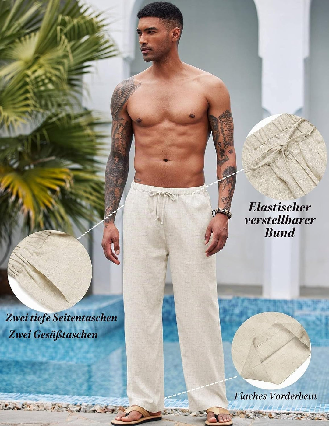 COOFANDY Herren Leinenhose mit Kordelzug Leicht Sommerhose Freizeithose Strandhose mit Tasche Beige