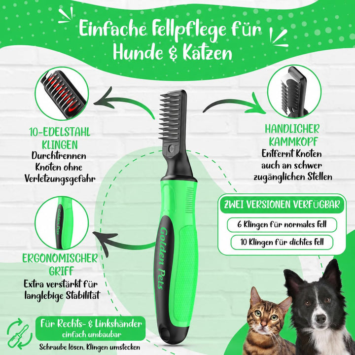 Golden Pets Profi Entfilzungsmesser 2.0 - Für Hunde &amp; Katzen, gegen Knoten | Für kurzes bis langes F