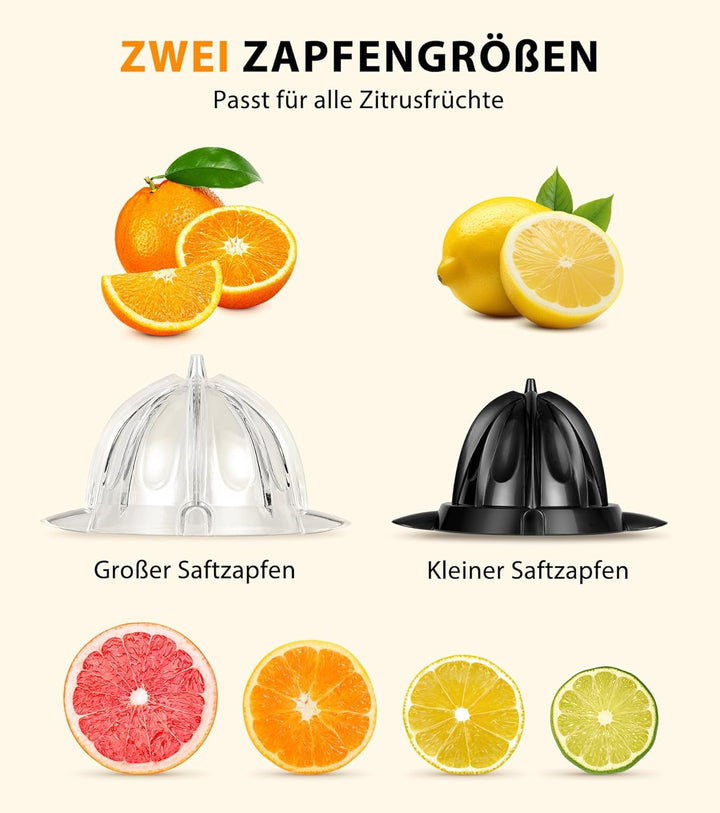 Elektrischer Zitruspresse, Zitrusentsafter mit 2 Aufsätzen und Soft-Griff für müheloses Entsaften, G