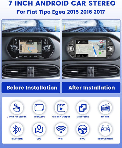 Android Autoradio für FIAT Tipo Egea 2015 2016 2017, Hikity 7" Touchscreen Autoradio mit Navi Rückfa