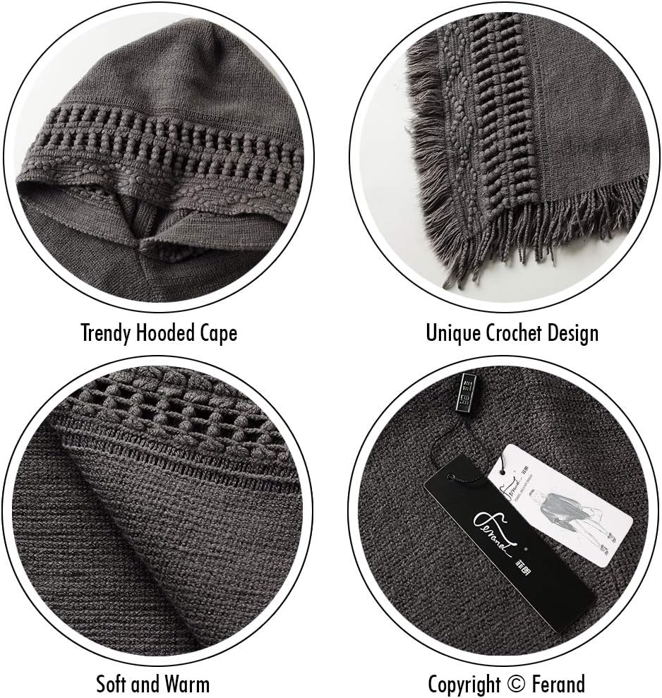 Ferand Damen Poncho mit Kapuze und gehäkeltem Cape mit Fransensaum für Herbst Winter Einheitsgrösse