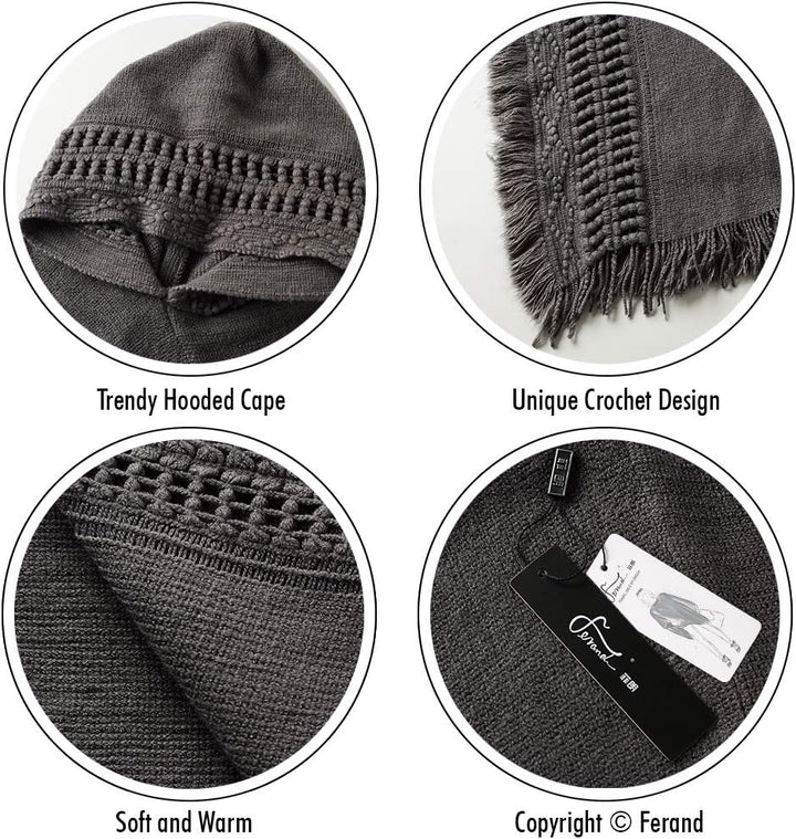 Ferand Damen Poncho mit Kapuze und gehäkeltem Cape mit Fransensaum für Herbst Winter Einheitsgrösse