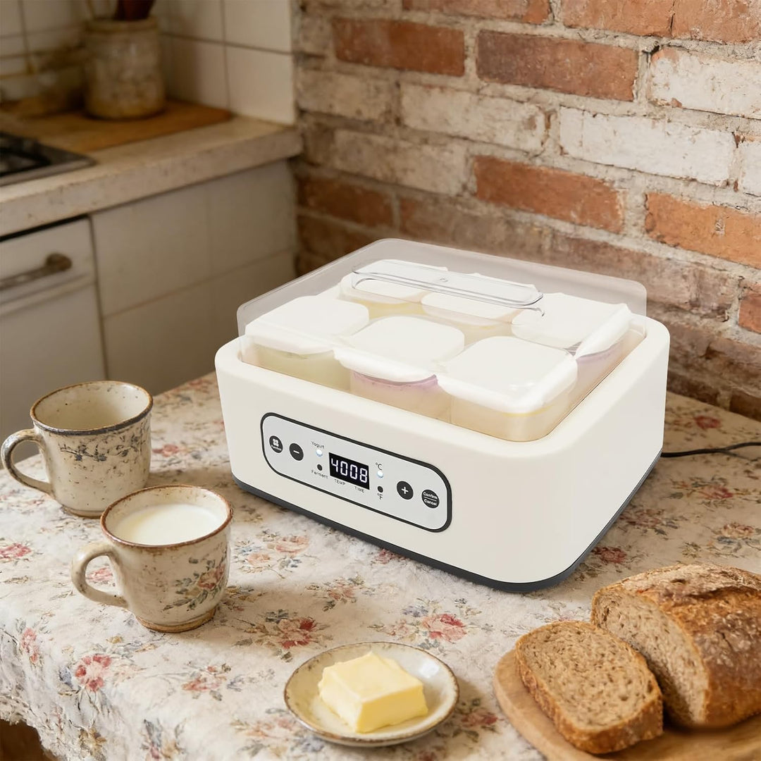 Joghurtbereiter 1,5L mit 6 Gläsern, Joghurtmaschine Edelstahl, elektrischer Joghurt Maker mit Timer