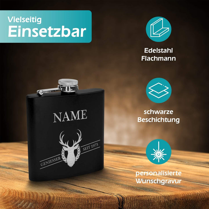 polar-effekt Flachmann aus Edelstahl mit Wunschgravur - 170ml - schwarz - Deutsche Herstellung - Mot
