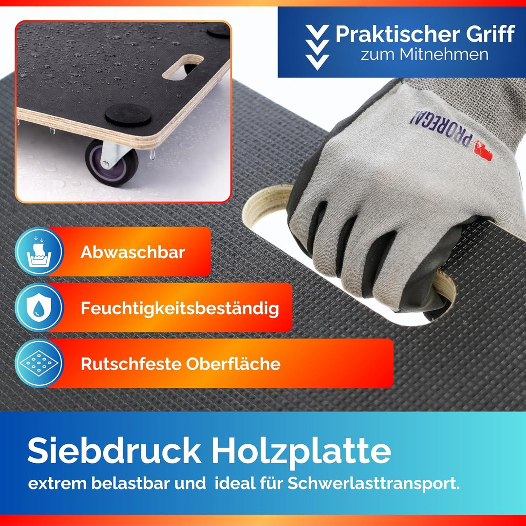 PROREGAL Profi Transportroller Hercules 50x50 cm Schwerlast bis 150 kg mit 4 Gummirollen & Griff, Si