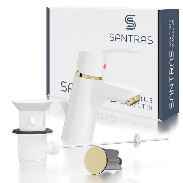 SANTRAS® Waschtischarmatur Bad in Weiss (RAL 9003)/ Gold mit Zugstange & Exzenter Ablaufgarnitur – E