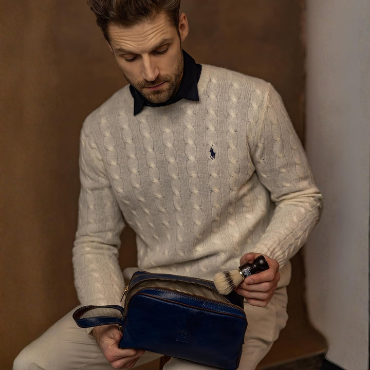 Kulturbeutel Leder Herren - Kosmetikbeutel - Waschtasche für Männer - 100% Echtleder - Hochwertige K