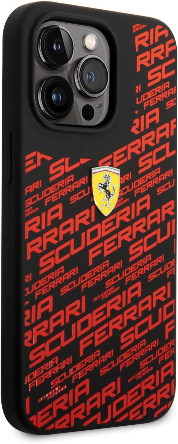 Ferrari Handyhülle für iPhone 14 Pro in Schwarz bedruckt Scuderia, Flüssigsilikon, glatte & kratzfes