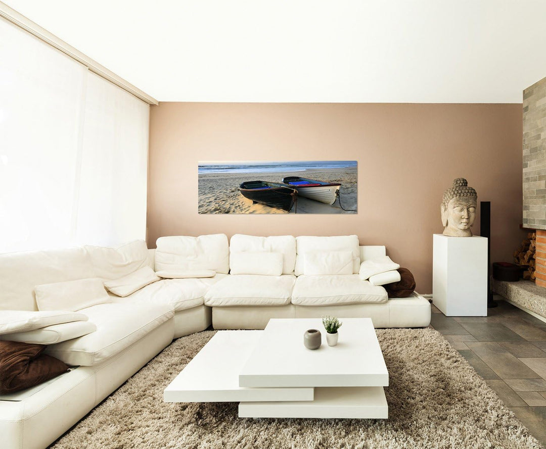 Paul Sinus Art Panoramabild auf Leinwand und Keilrahmen 150x50cm Meer Strand Sand Fischerboote