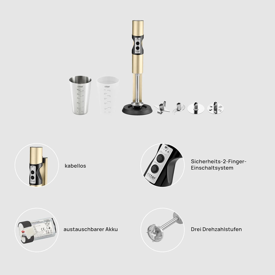 ritter stilo 7 Plus kabelloser Stabmixer, Pürierstab mit Akku aus Vollmetall, Made in Germany, Helle