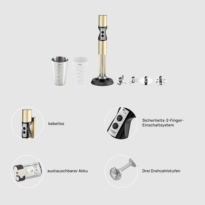 ritter stilo 7 Plus kabelloser Stabmixer, Pürierstab mit Akku aus Vollmetall, Made in Germany, Helle