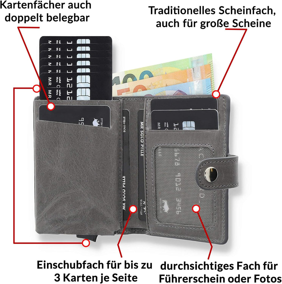 Solo Pelle Leder Geldbörse Q-Wallet mit integriertem Kartenetui für 15 Karten + Geldscheine geeignet