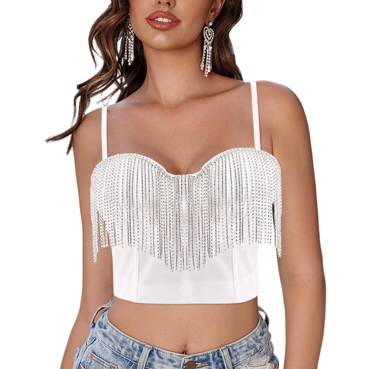 Naimo Damen Sexy Strass Quaste Bustier Push Up Crop Top Korsett BH Glitzer Diamant Tank Top Weste Pa