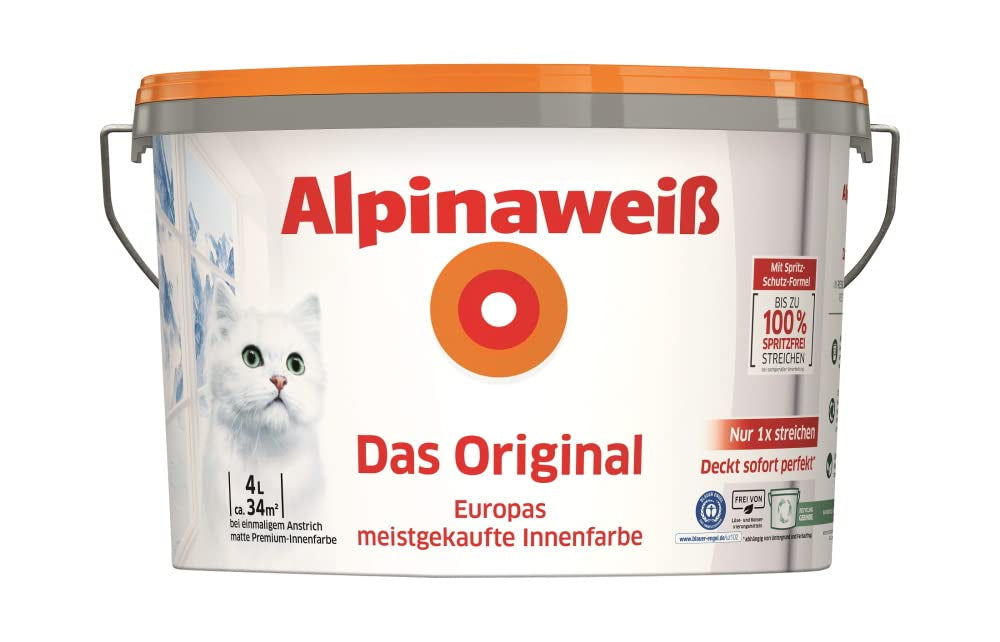 Alpinaweiss - Das Original, 4 Liter, weisse Wandfarbe, höchste Deckkraft, deckt beim ersten Anstrich