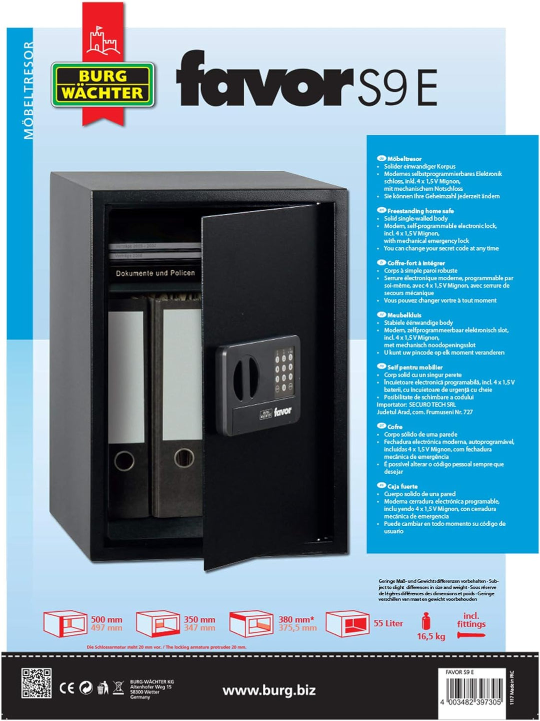 Burg-Wächter Möbeltresor mit Elektronikschloss, inkl. Fachboden, Favor, 55,0 l, 16,5 kg, S9 E, schwa