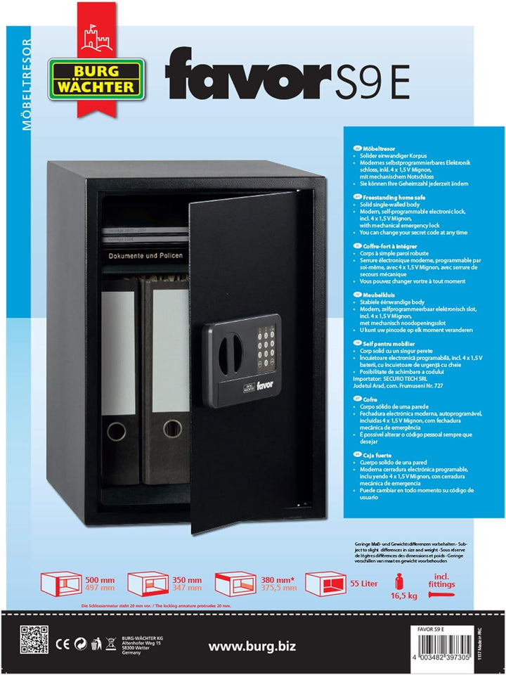 Burg-Wächter Möbeltresor mit Elektronikschloss, inkl. Fachboden, Favor, 55,0 l, 16,5 kg, S9 E, schwa