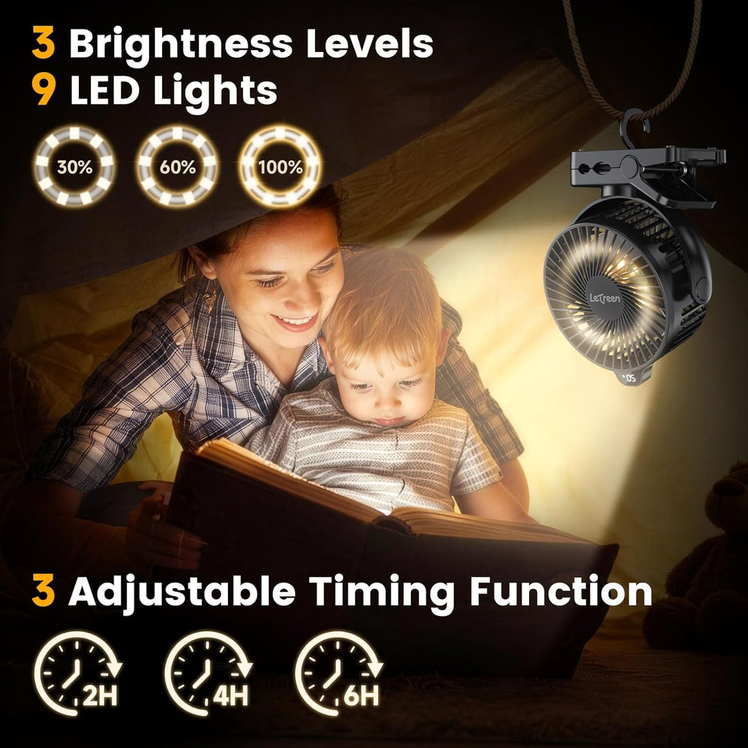 Camping Ventilator 15000mAh, Mini USB Ventilator Leise mit LED Licht & Anzeige, 360° Drehung Wiedera