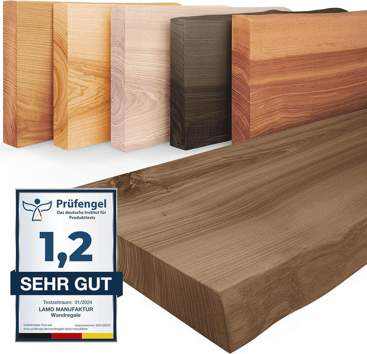 LAMO Manufaktur Wandregal Holz Baumkante | Regal Farbe: Nussbaum | Pure: ohne Montage Set | 120 cm P