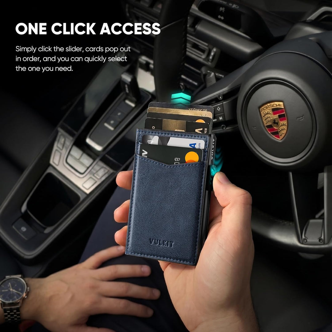 VULKIT Kreditkartenetui Leder Kartenetui RFID Blocking Automatische Pop Up Visitenkartenetui für Kar