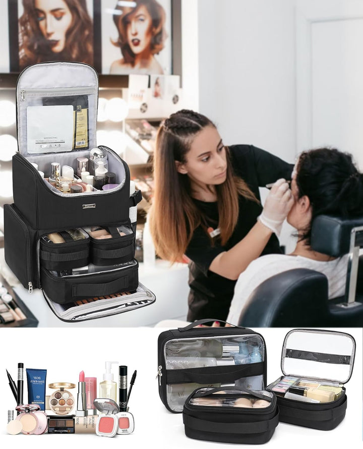 Relavel Makeup-Rucksack, grosse Make-up-Tasche mit 3 klaren Sets, Doppelwandige professionelle Kosme